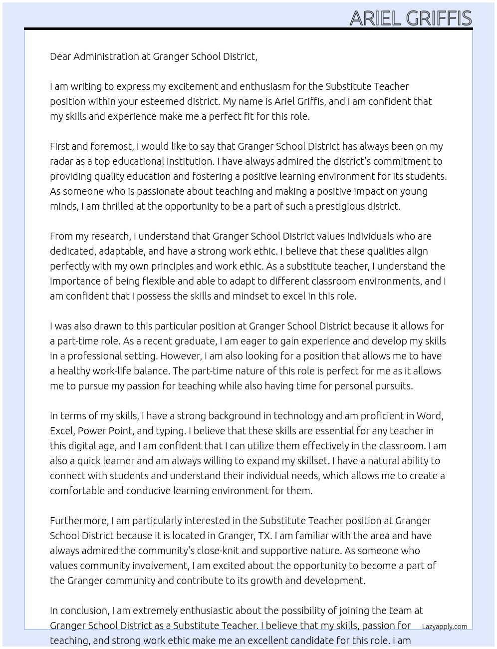 Substitute Teacher At Granger School District Cover Letter