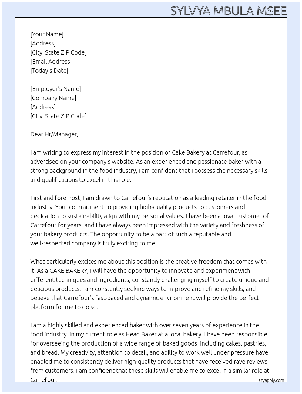 CAKE BAKERY At CARREFOUR Cover Letter