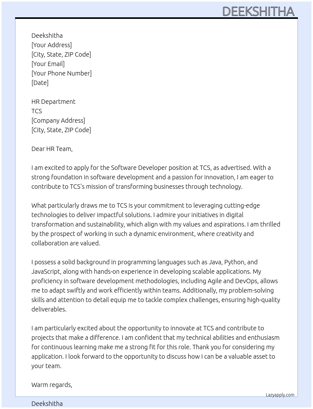 Software developer  At Tcs Cover Letter