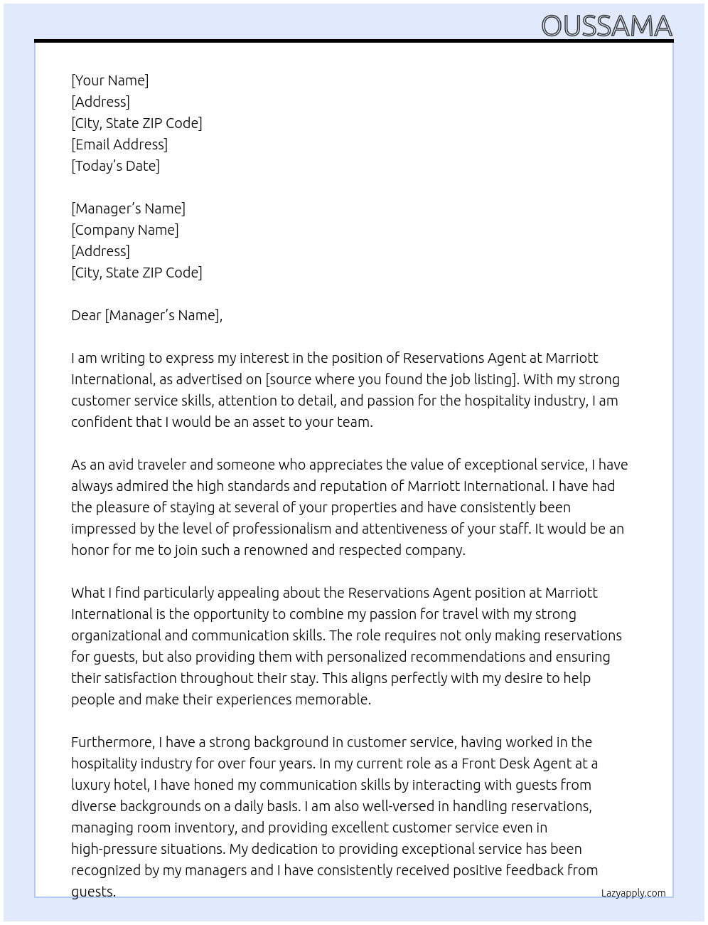 Reservations Agent At Marriott International Cover Letter