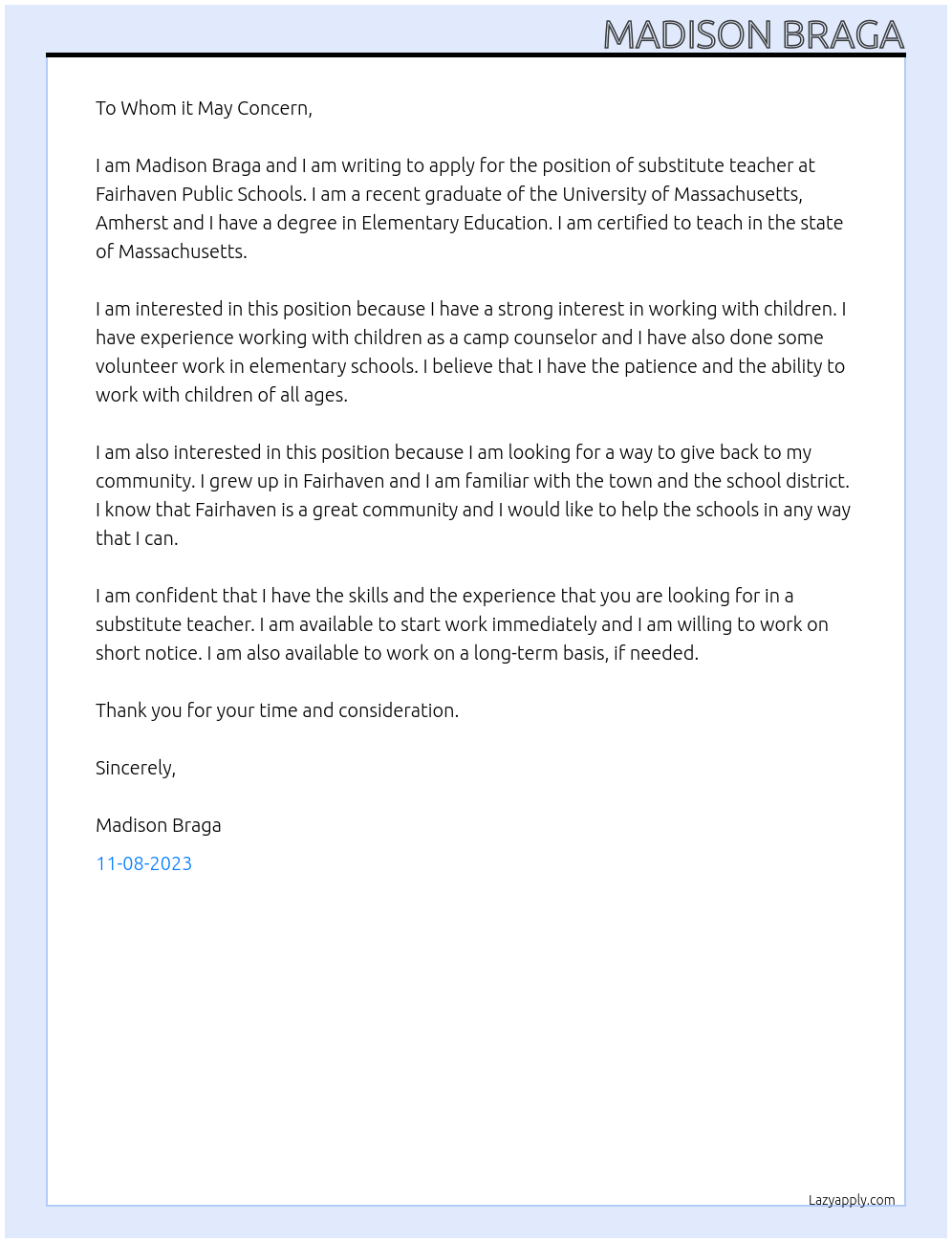 substitute teacher At Fairhaven Public Schools Cover Letter