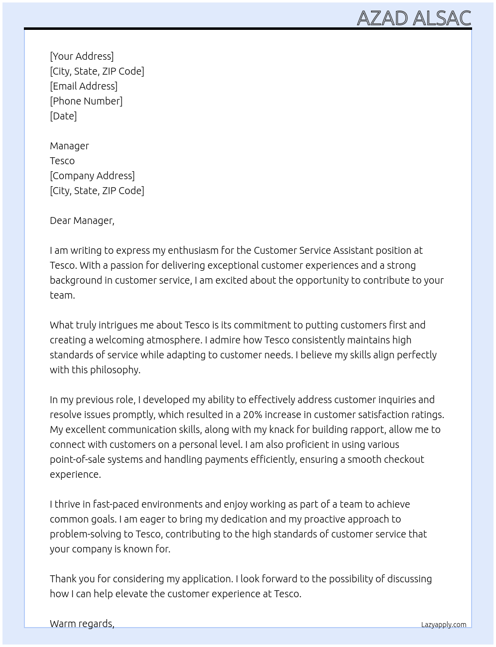 Customer Service assistant At Tesco Cover Letter