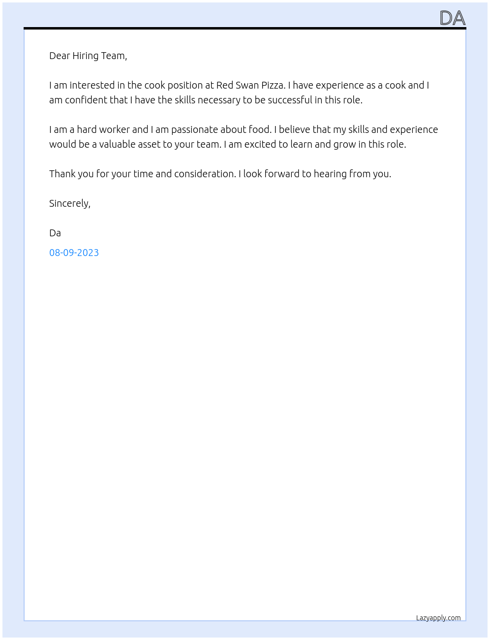 Cook At Red Swan Pizza Cover Letter