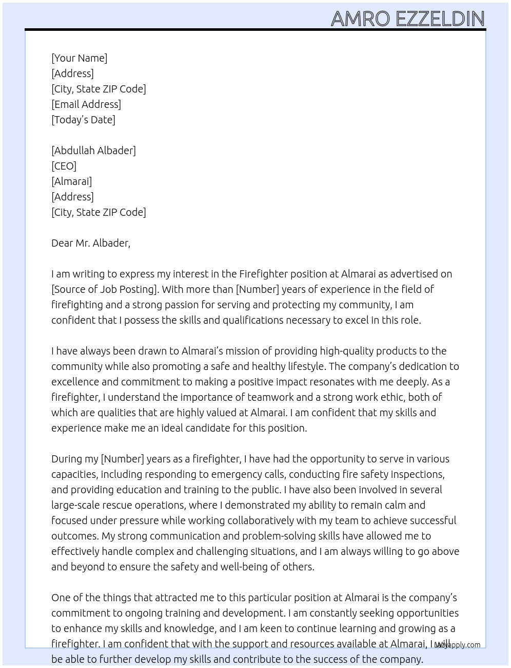 Firefighter At Almarai Cover Letter