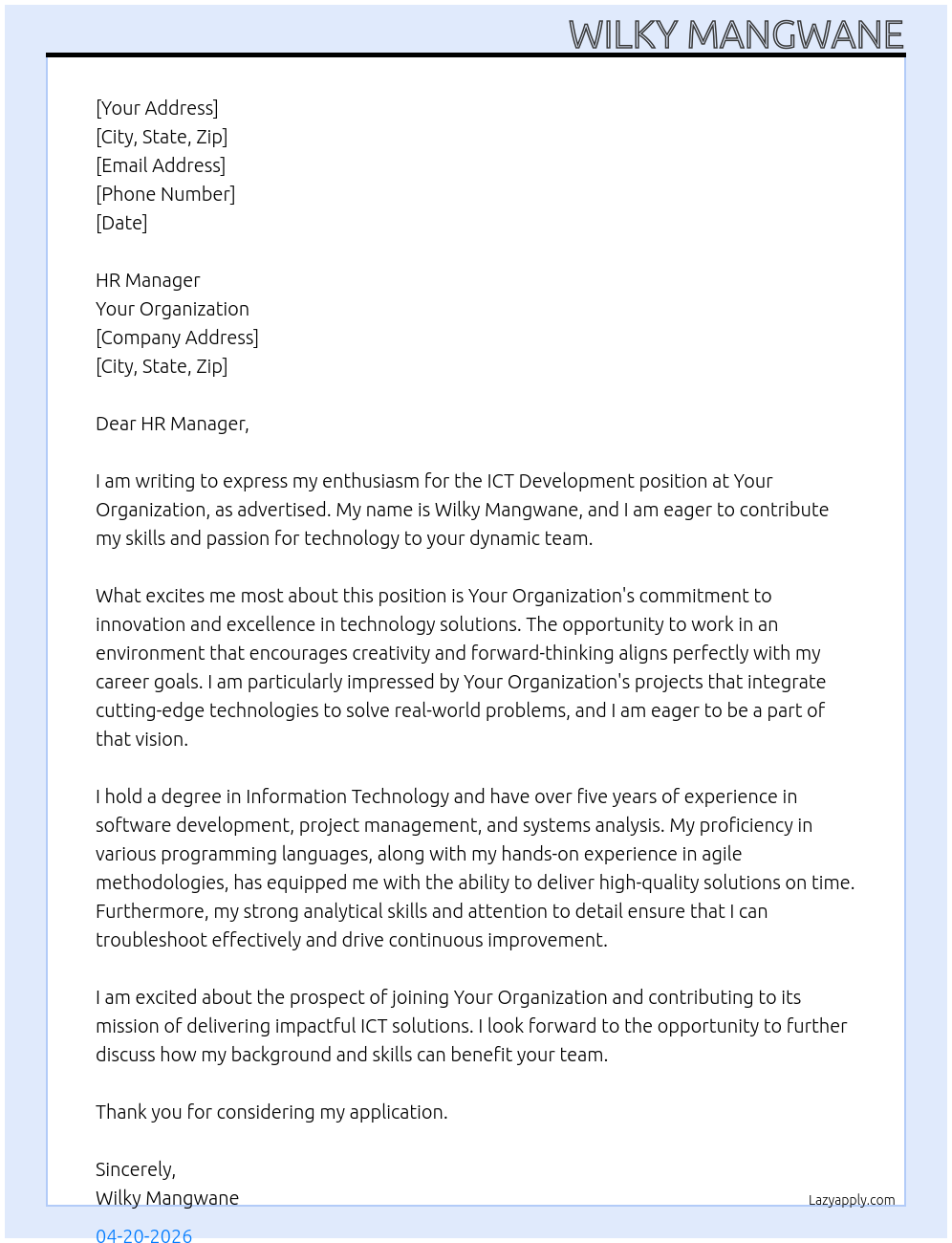 ICT Development At Your organization Cover Letter