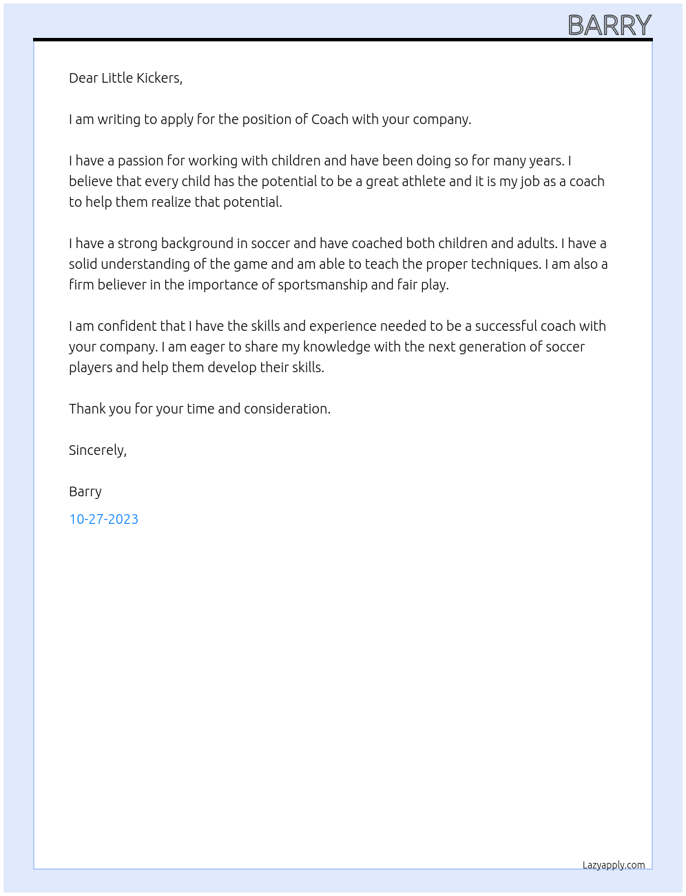 Coach At Little kickers Cover Letter