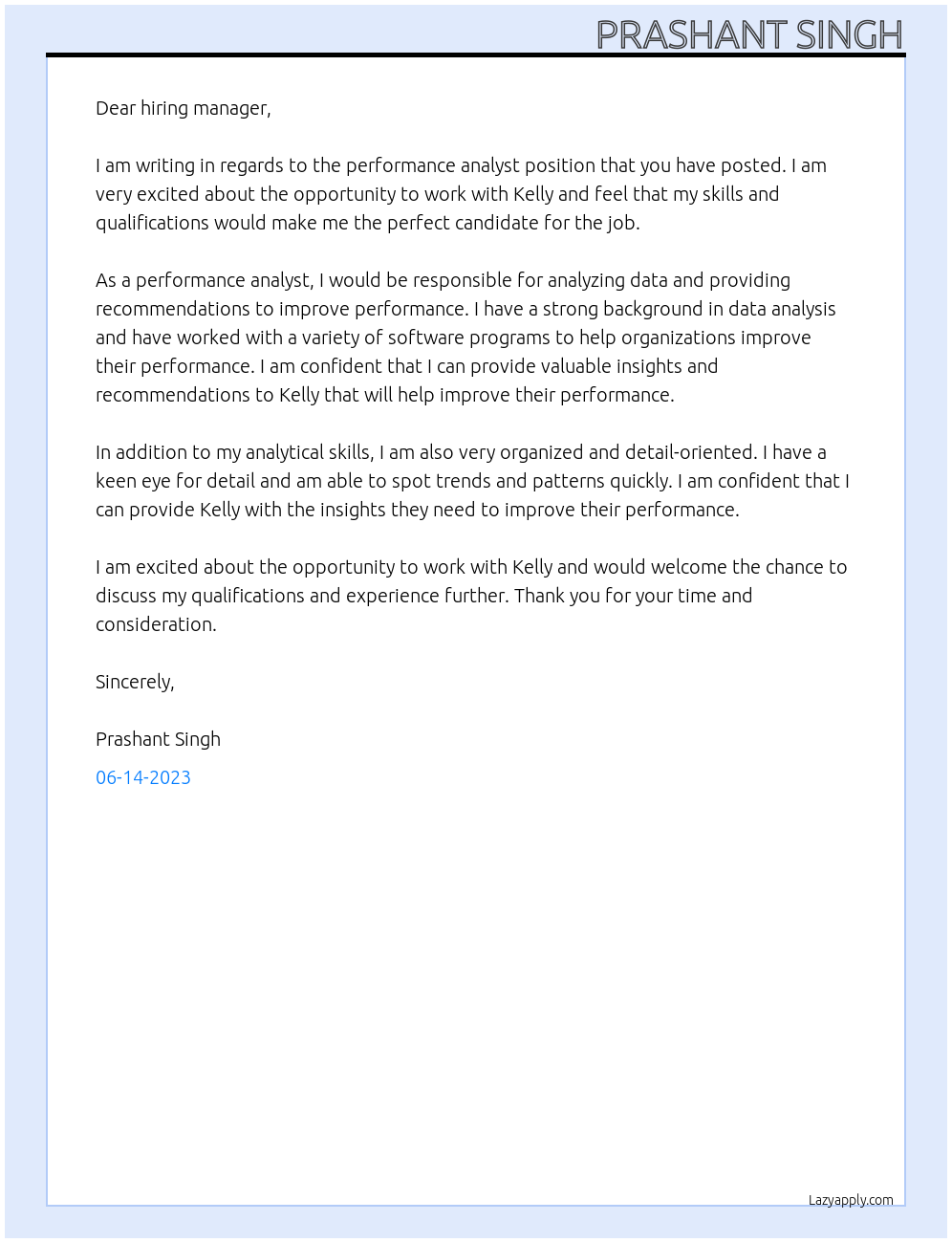 Performance analyst At kelly Cover Letter