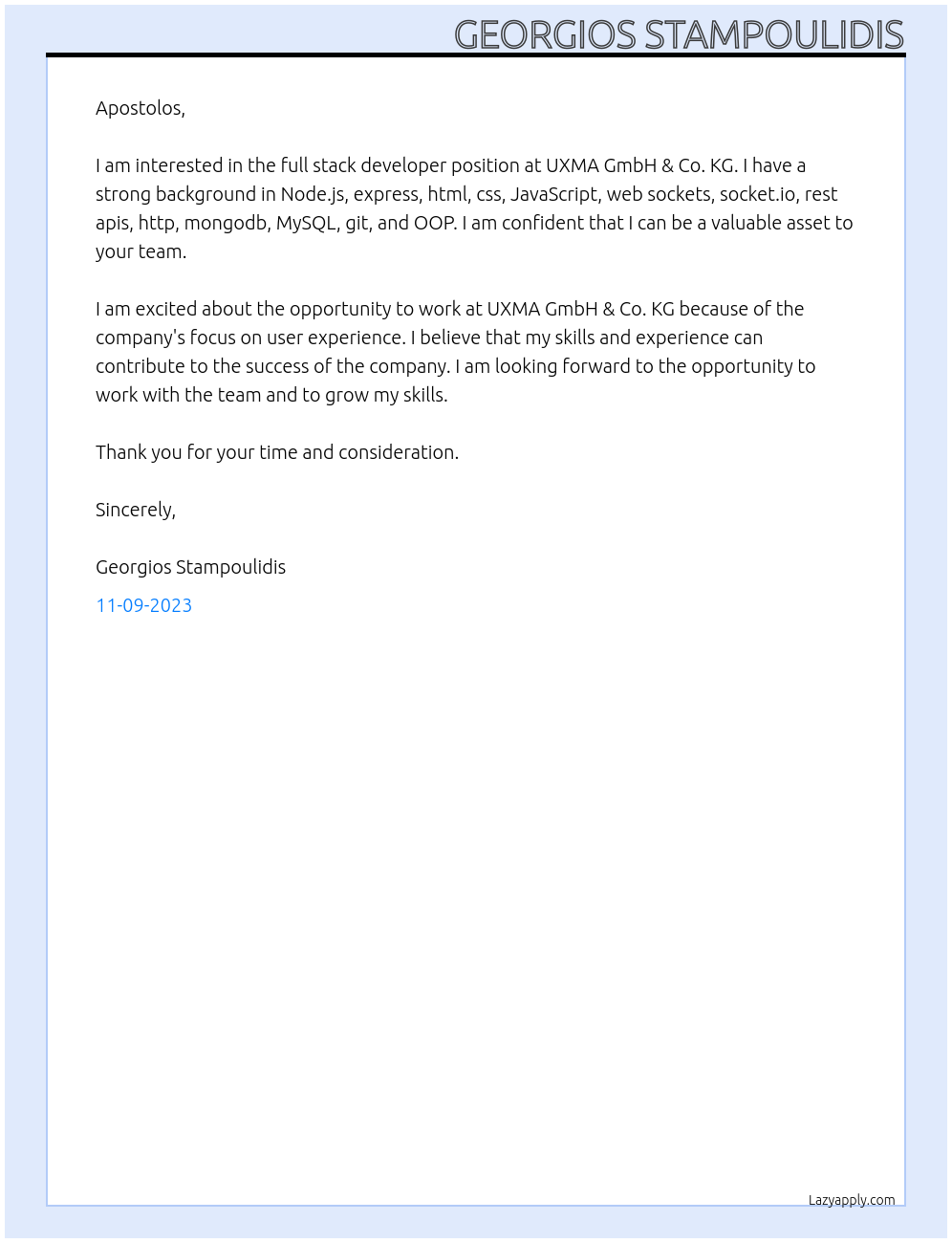 Full stack developer At UXMA GmbH & Co. KG Cover Letter