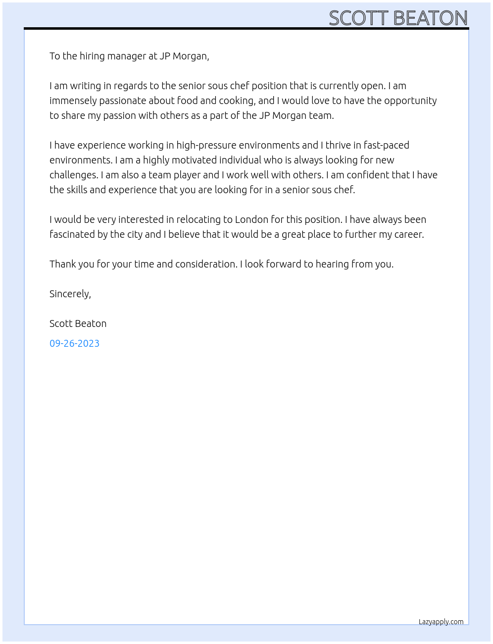 senior sous chef At jp morgan Cover Letter
