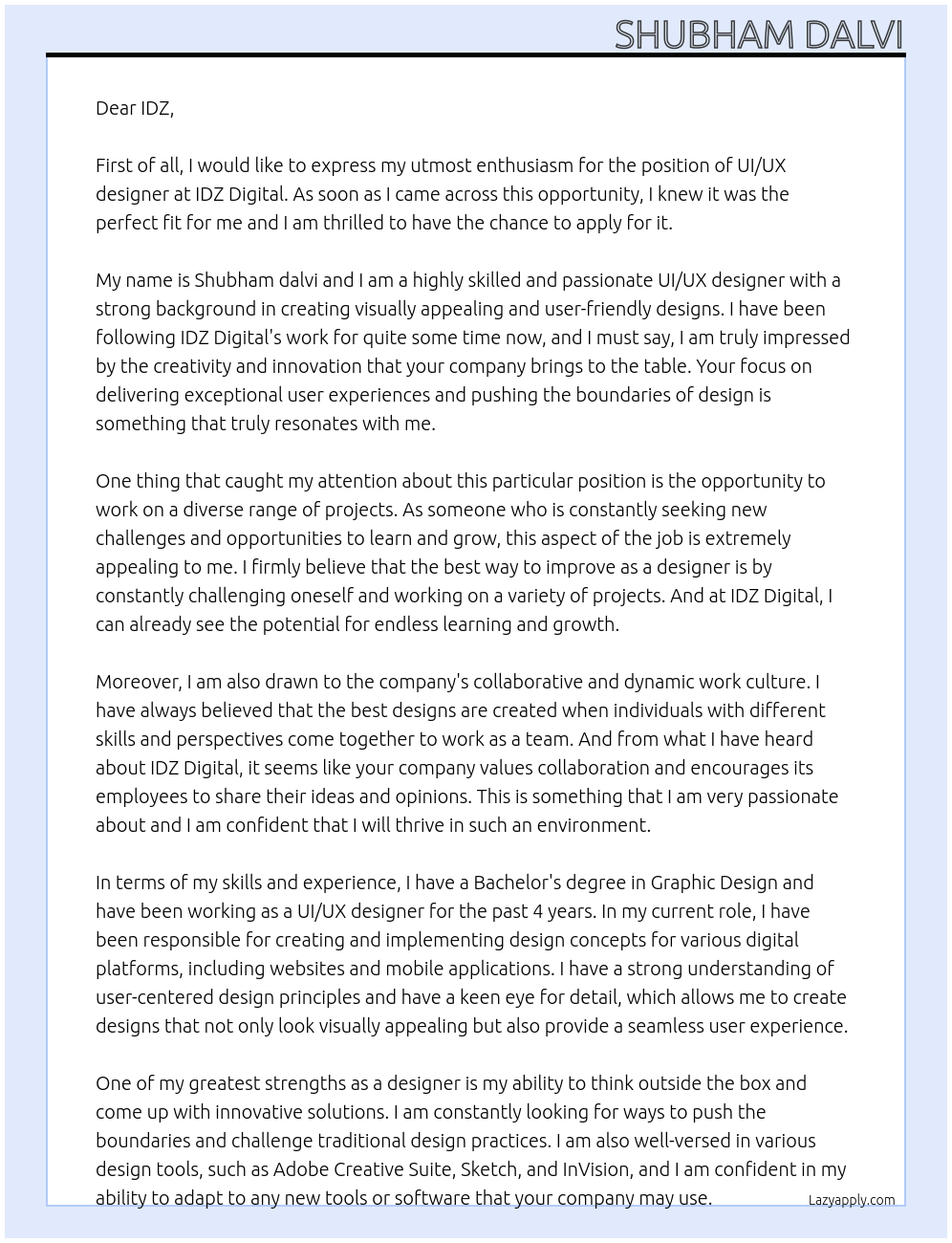 UI/UX designer At IDZ Digital Cover Letter