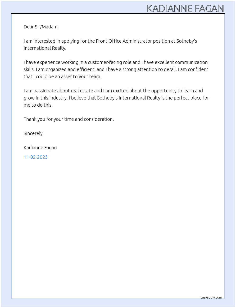 Front Office Administrator At Sotheby's International Realty Cover Letter