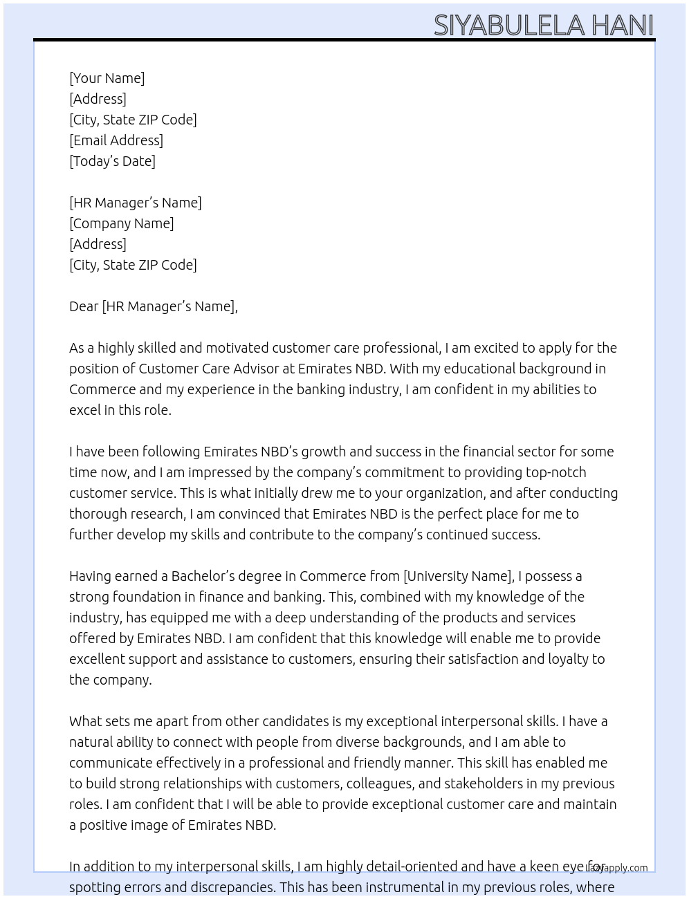 Customer Care Advisor At Emirates NBD Cover Letter