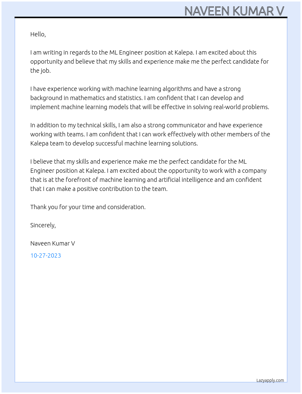 ML Engineer At Kalepa Cover Letter