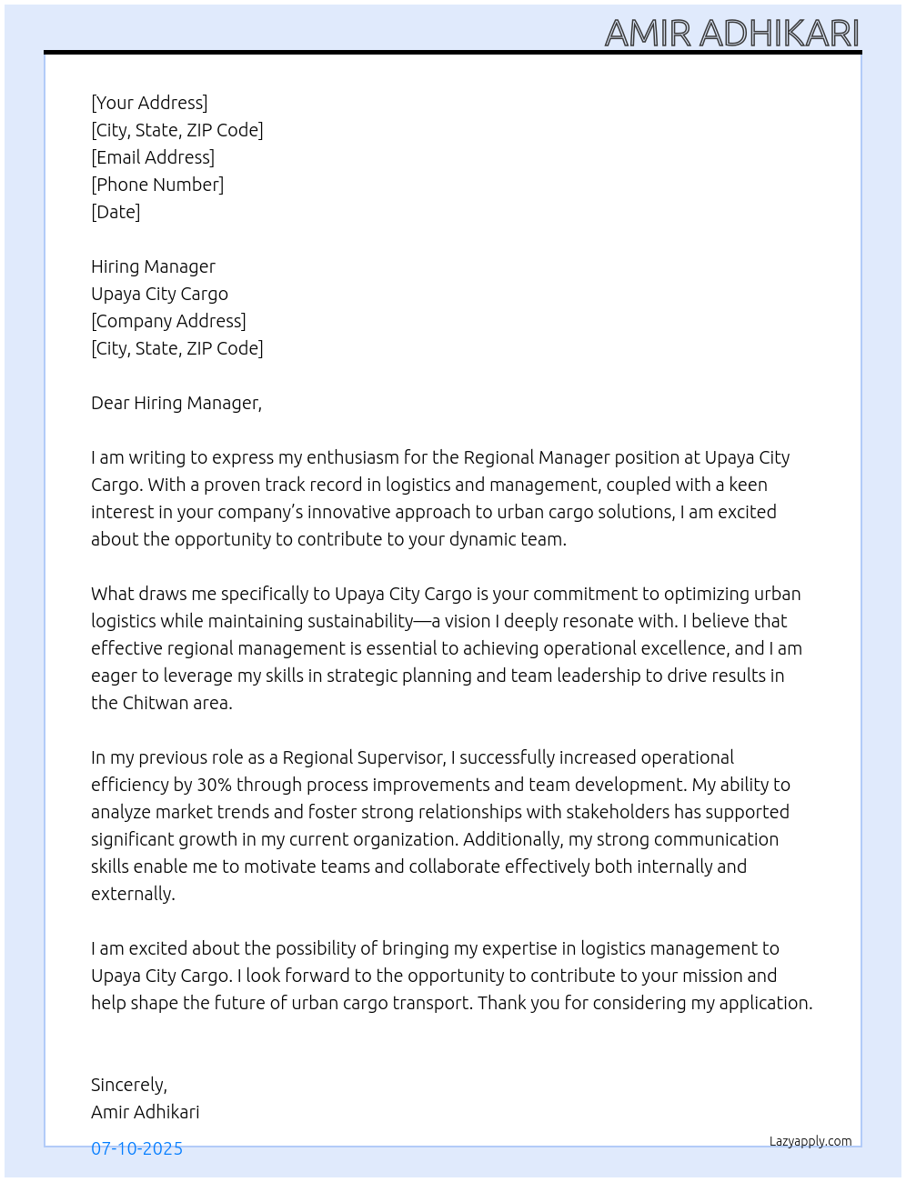 Cover letter for regional manager - LazyApply
