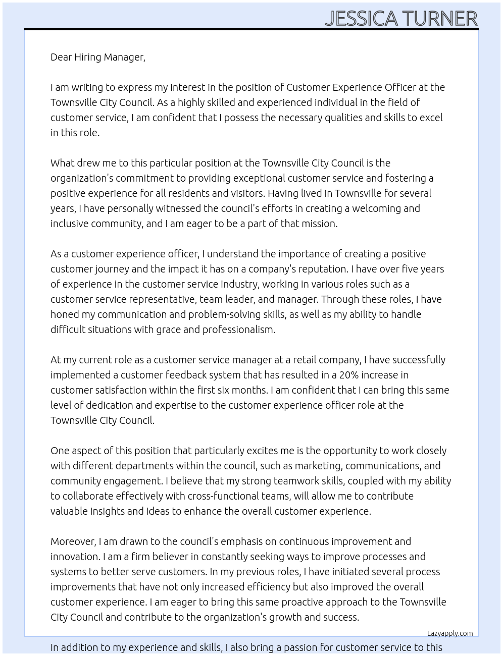 Customer Experience Officer At Townsville City Council Cover Letter