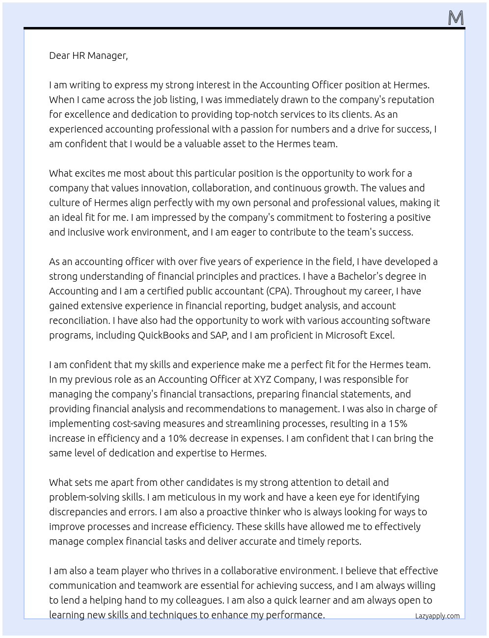 Accounting Officer At Hermes Cover Letter