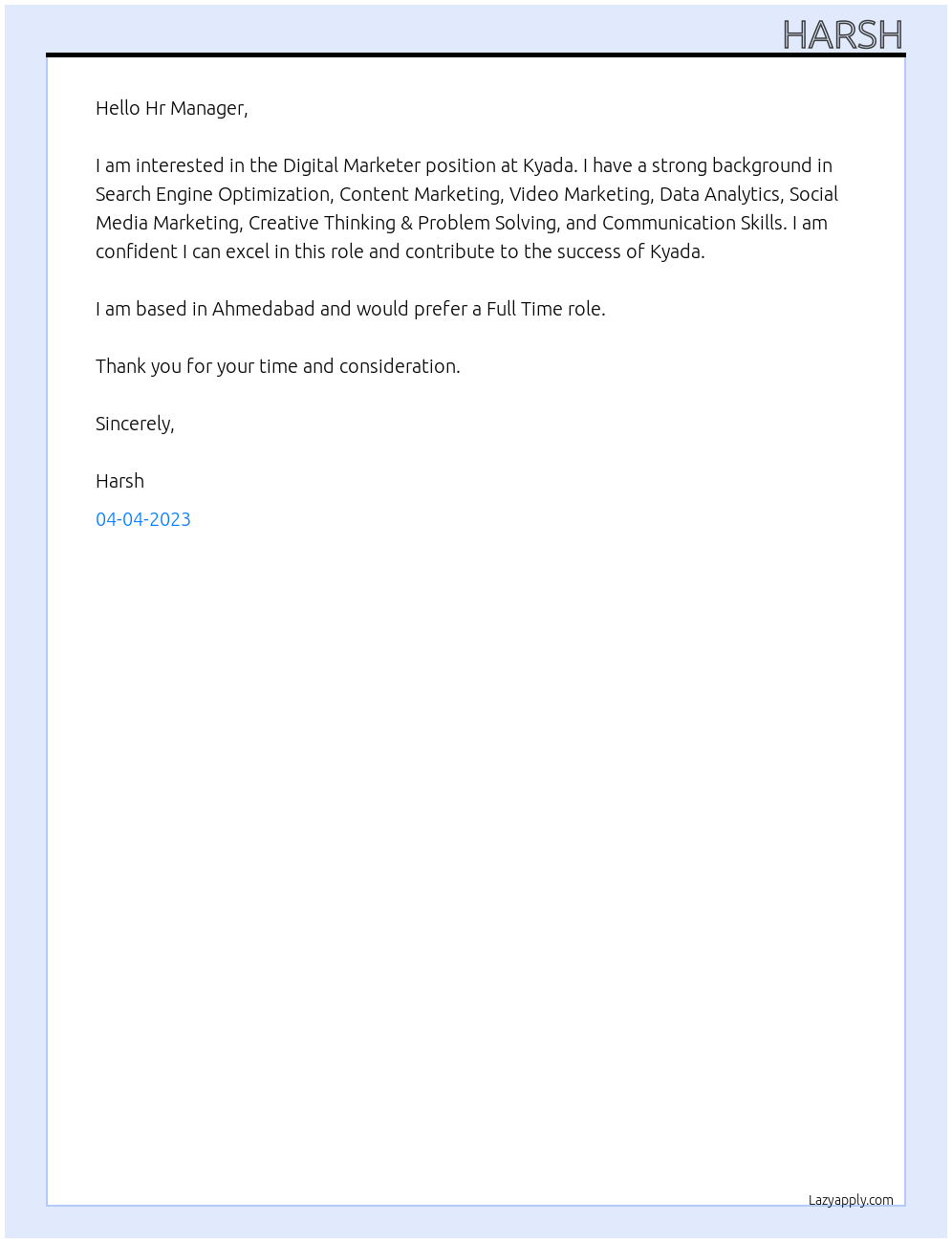 Digital Marketer At Kyada Cover Letter