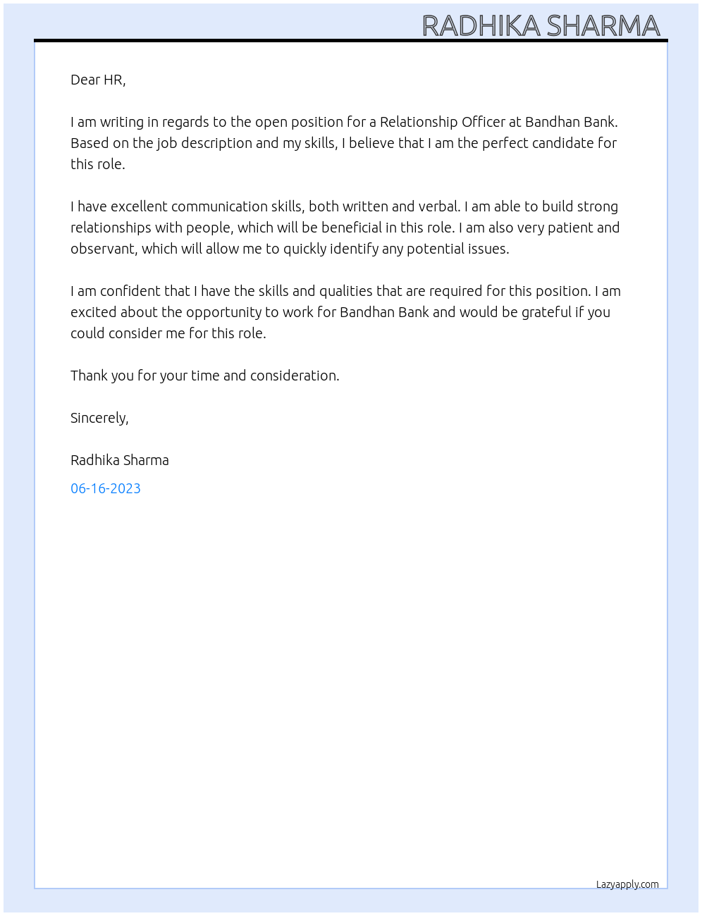 Relationship Officer  At Bandhan Bank Cover Letter