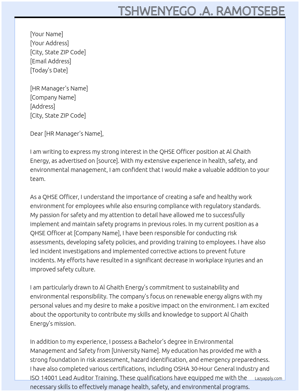 QHSE Officer At Al Ghaith Energy Cover Letter