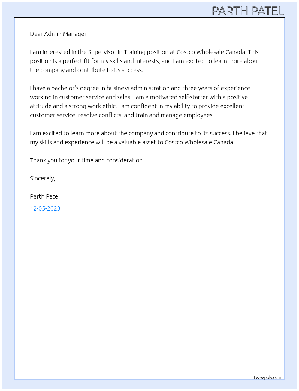 Supervisor in Training At Costco Wholesale Canada Cover Letter