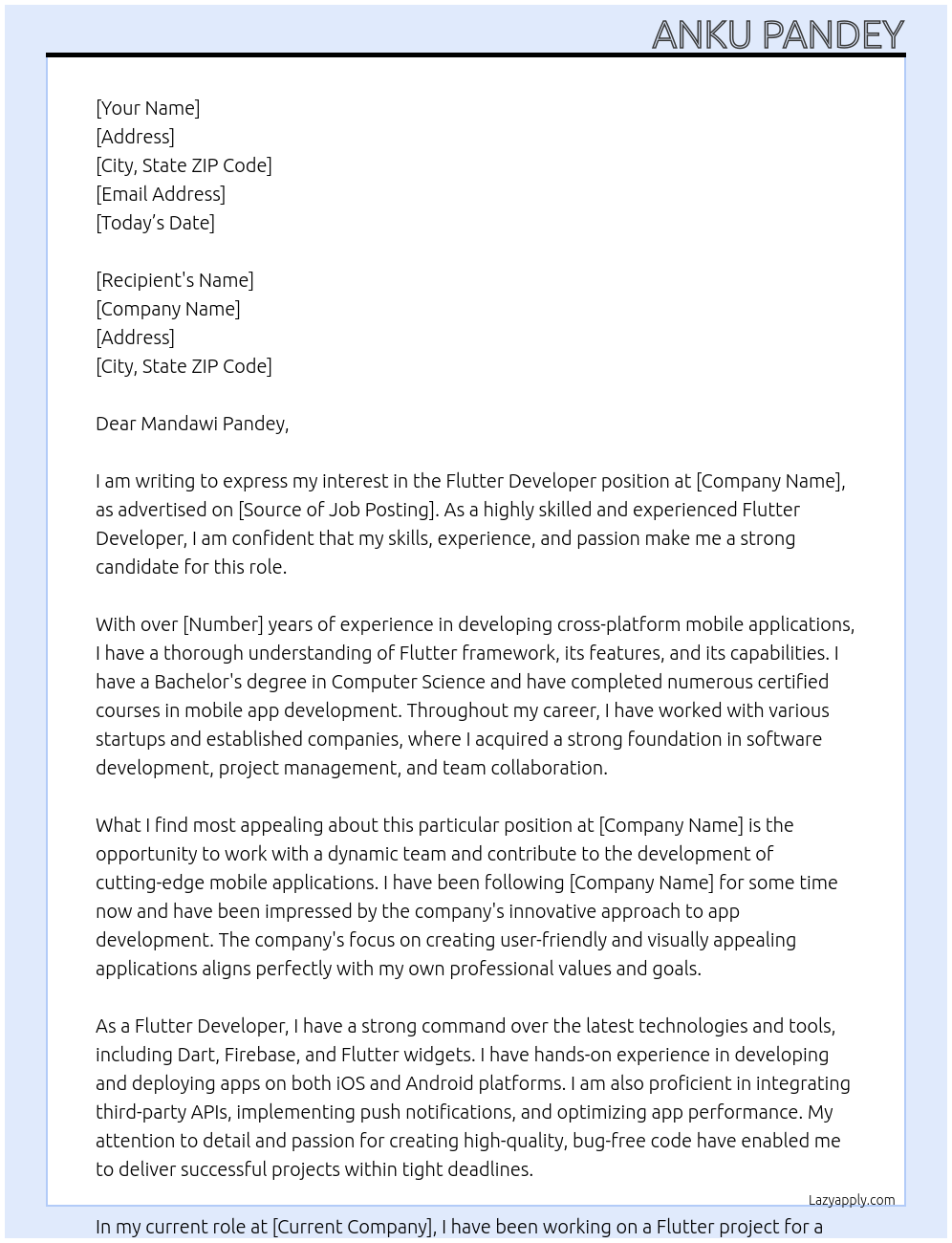 flutter developer At Anku Pandey Cover Letter
