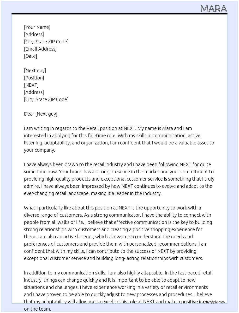 Retail At NEXT Cover Letter