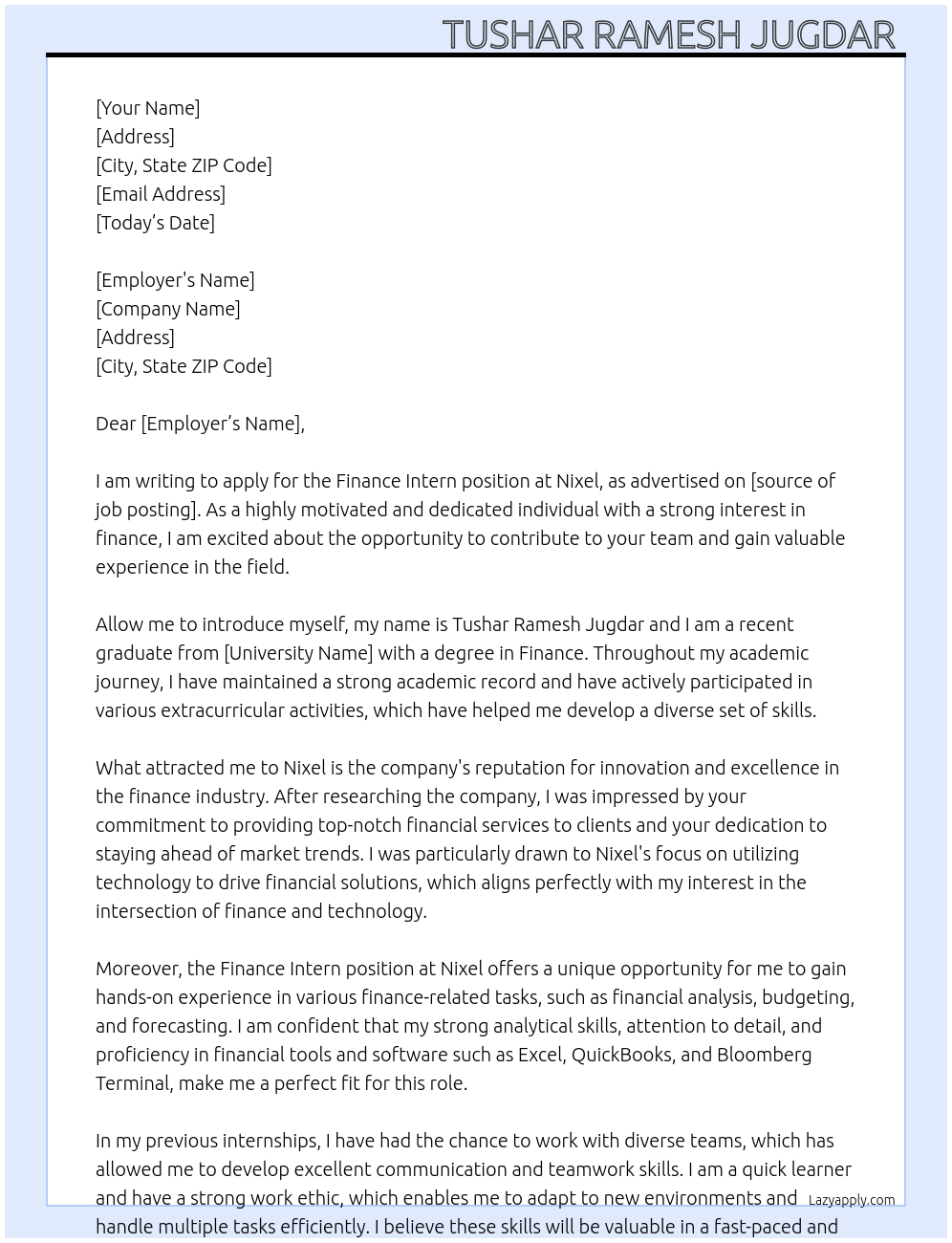 Finance intern At Nixel Cover Letter