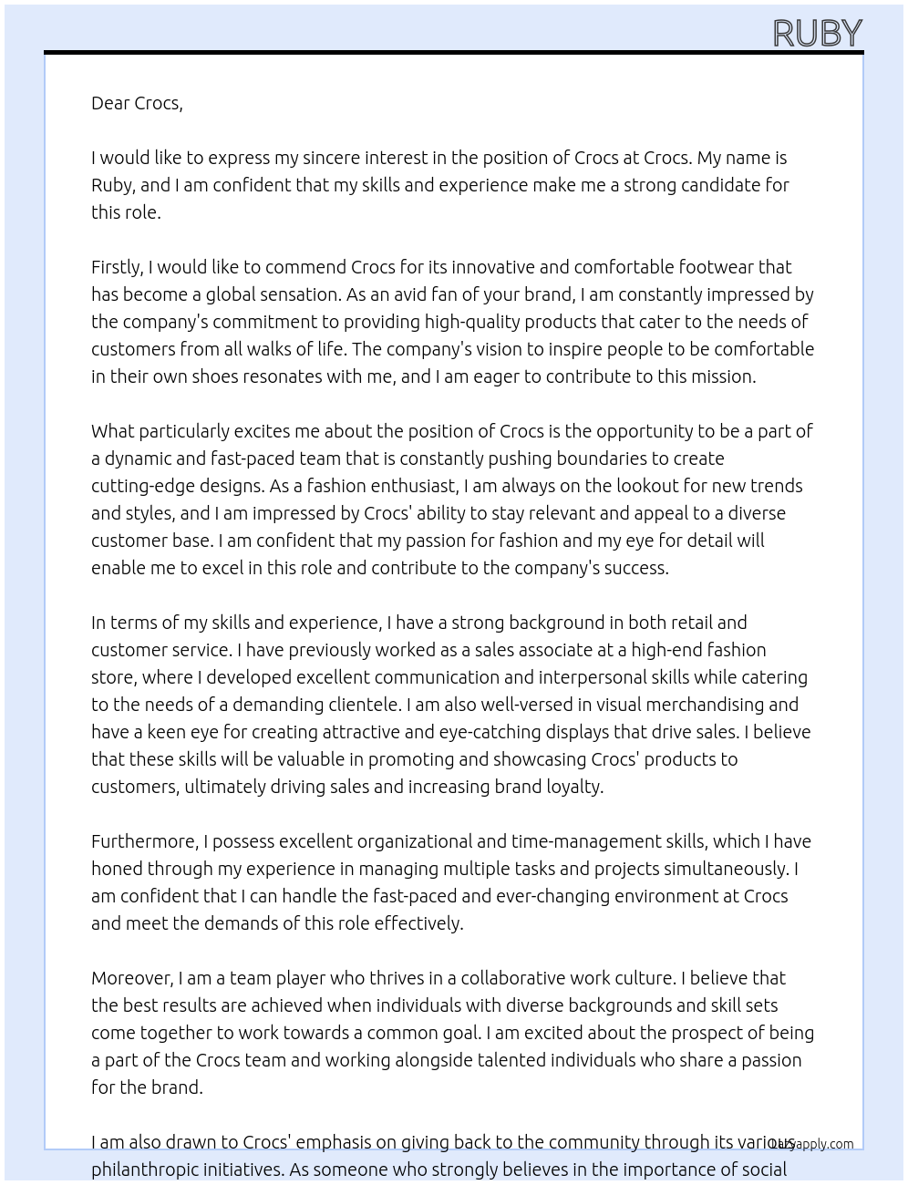 crocs At crocs Cover Letter