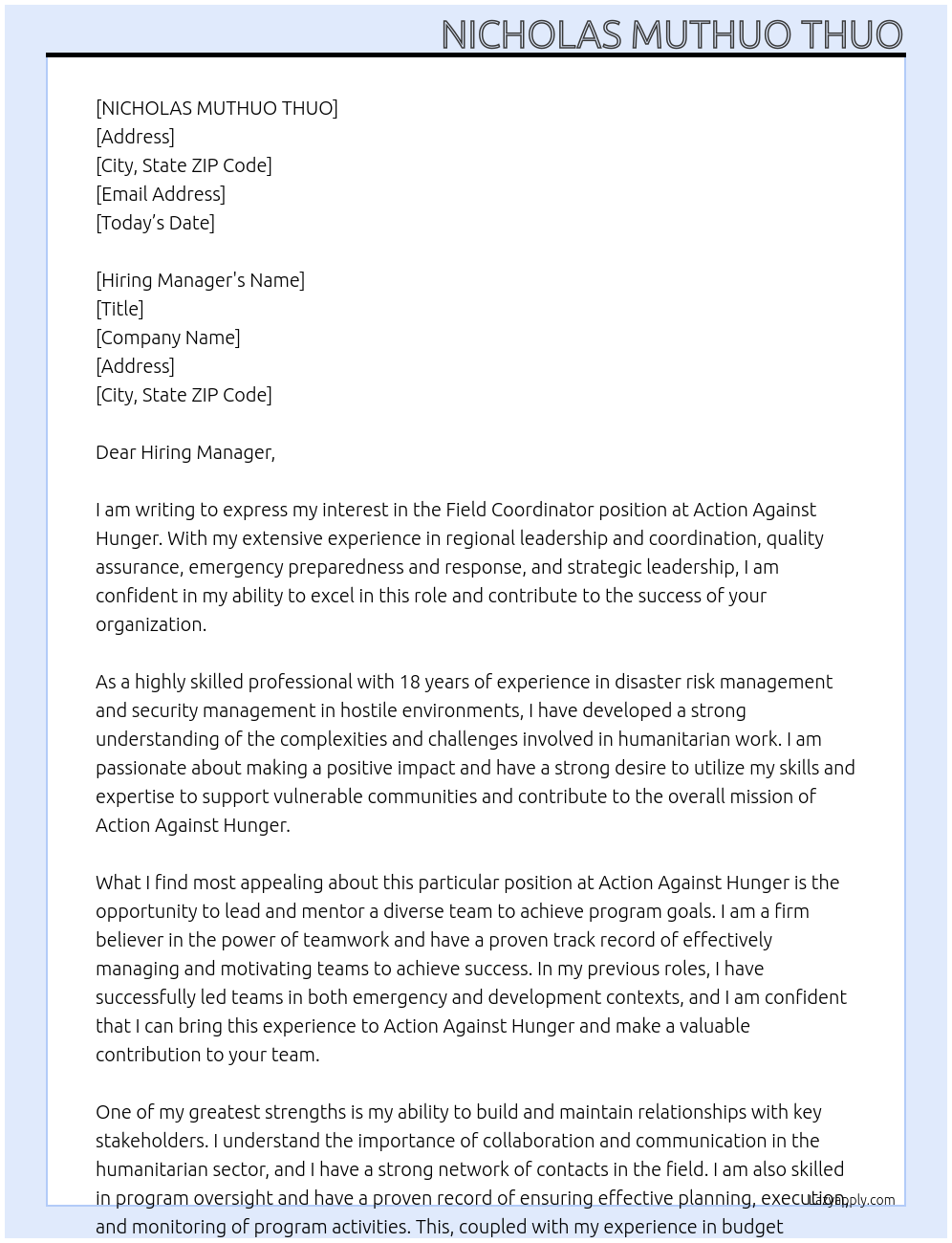 Field Coordinator At Action Against Hunger  Cover Letter