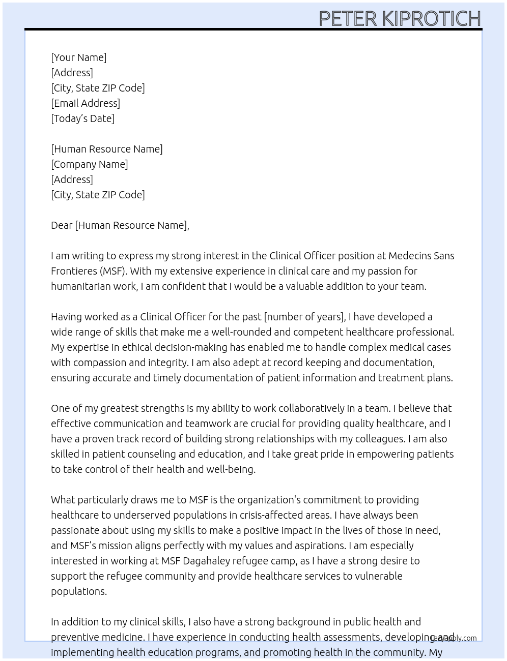 Clinical Officer At Medecins Sans Frontieres (MSF) Cover Letter