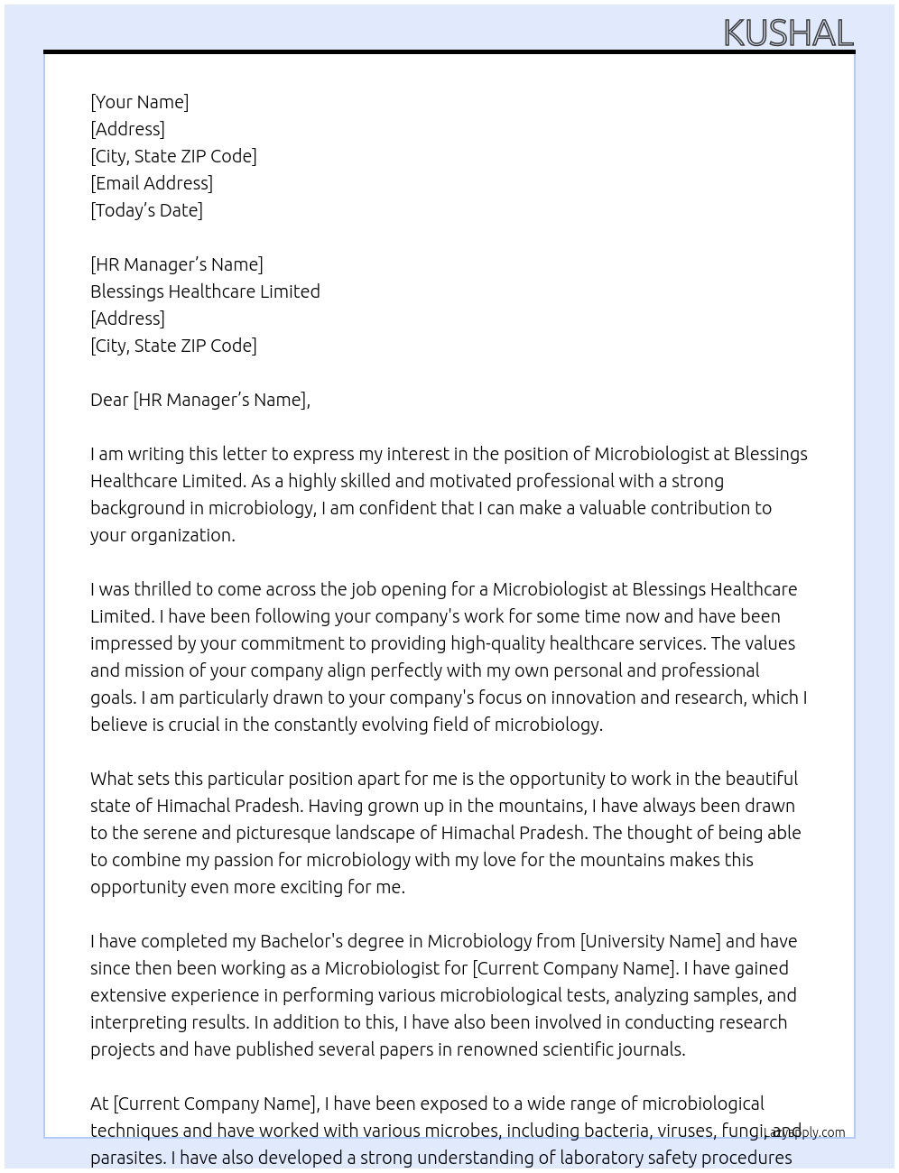 Microbiologist At Blessings Healthcare Limited Cover Letter