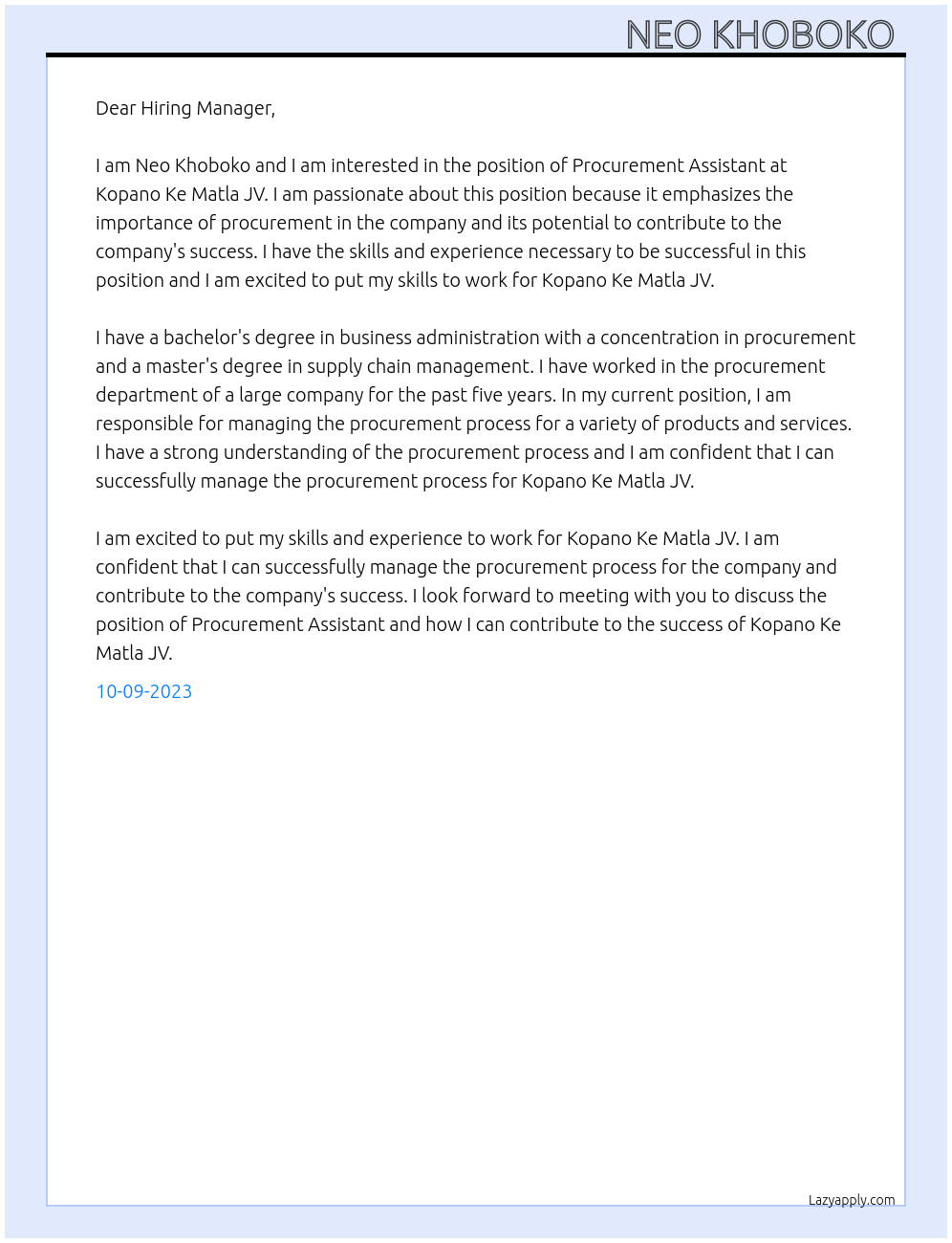 Procurement Assistant  At Kopano Ke Matla JV Cover Letter