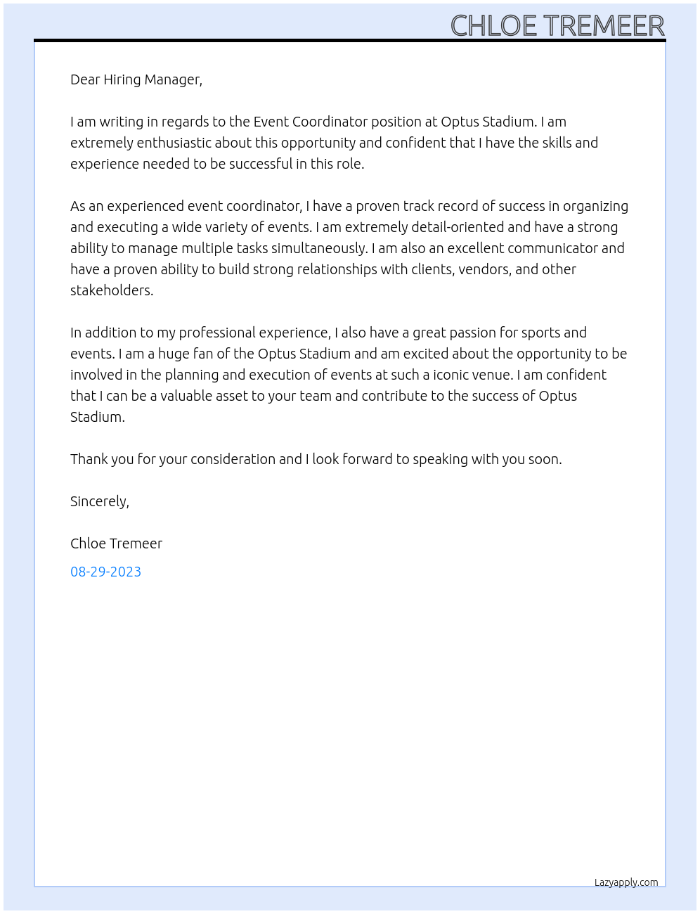 Event Coordinator At Optus Stadium Cover Letter