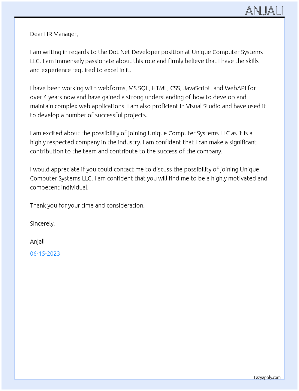 Dot Net Developer At Unique Computer Syatems LLC Cover Letter