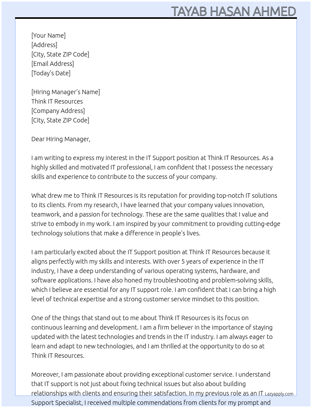 IT Support At Think IT Resources Cover Letter