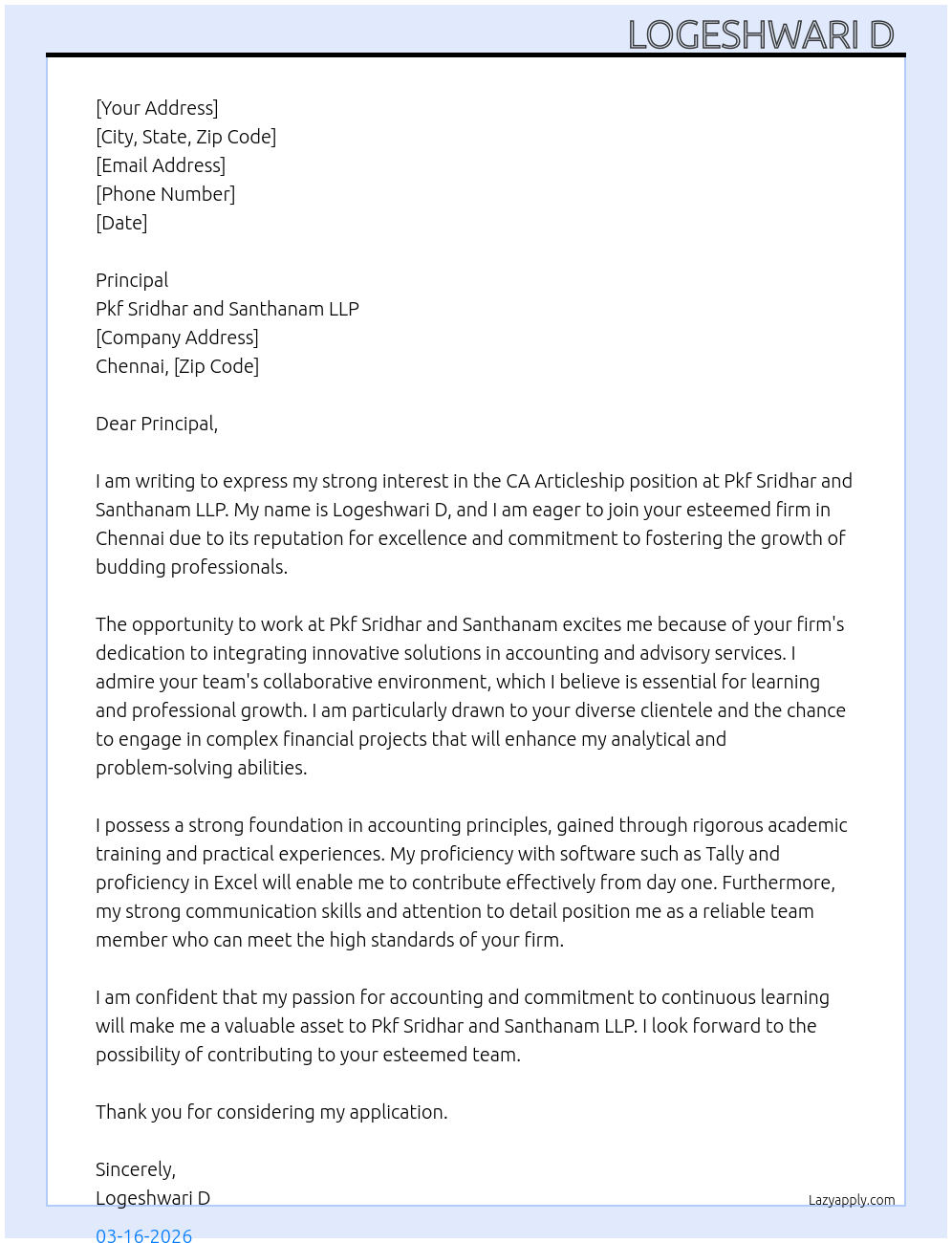 CA Articleship  At Pkf sridhar and Santhanam llp Cover Letter