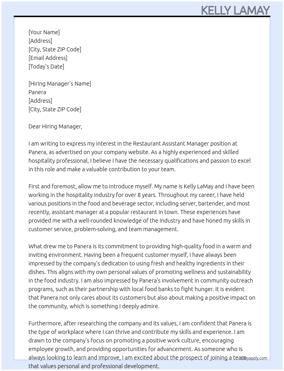 Restaurant Assistant Manager At Panera Cover Letter