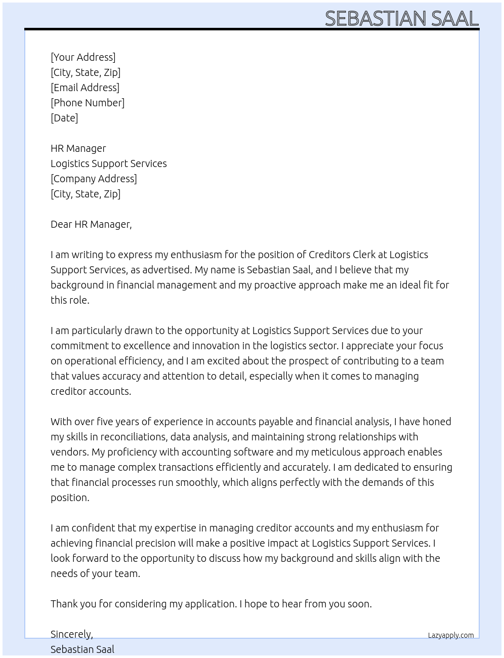 Creditors clerk At Logistics support services Cover Letter