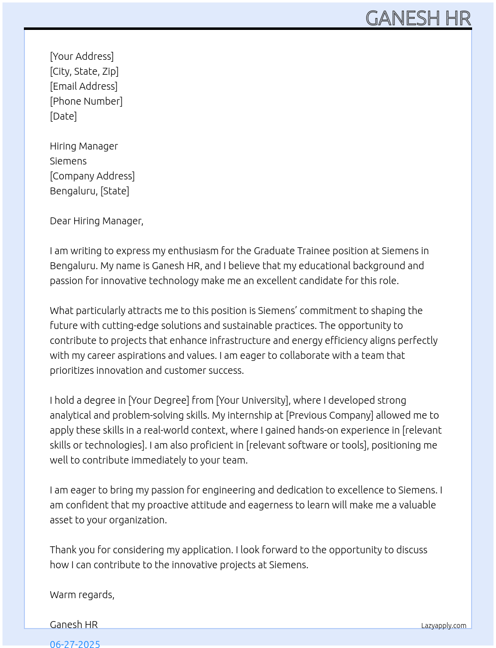 Graduate Trainee At Siemens Cover Letter