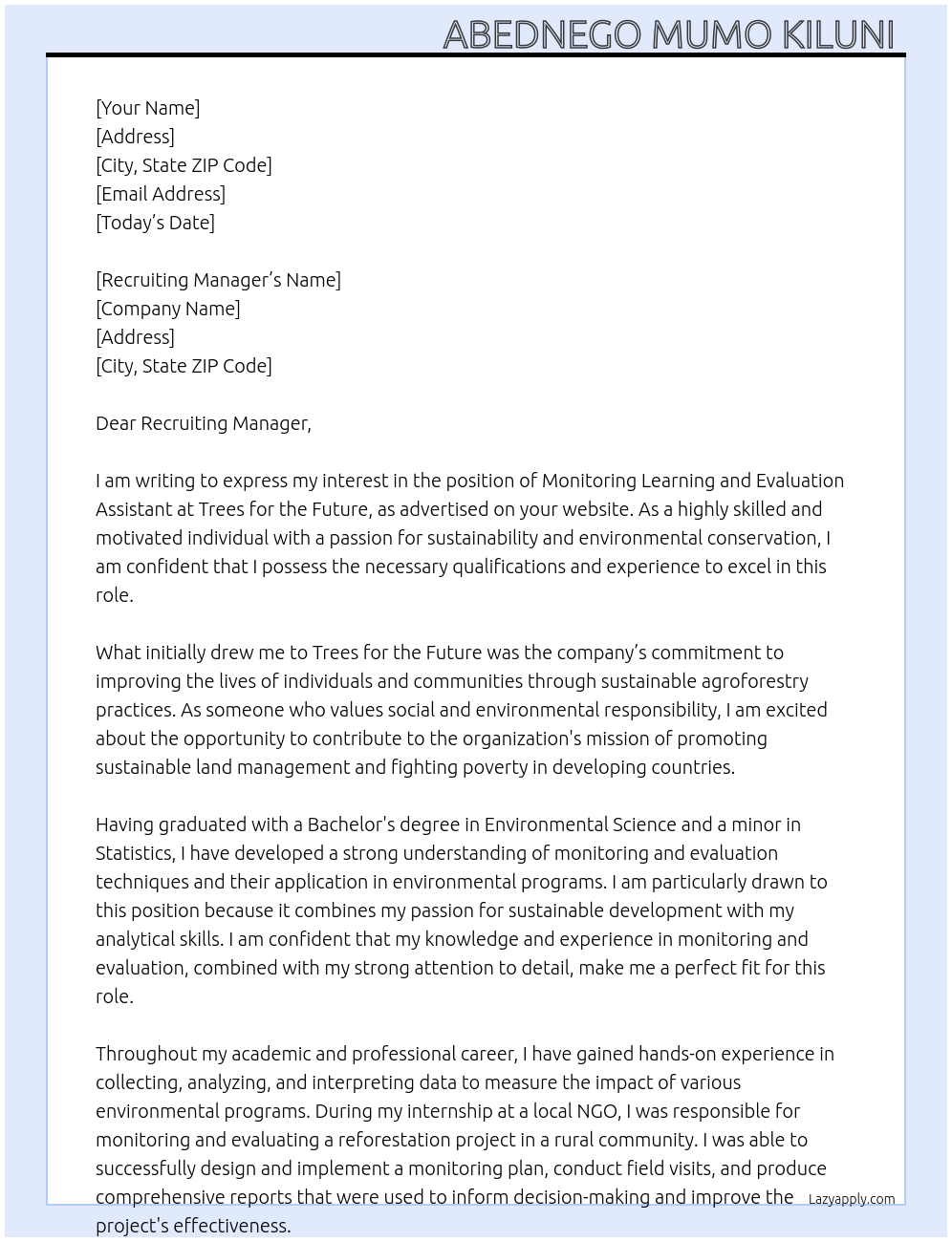 Monitoring Learning and evaluation assistant  At Trees for the Future  Cover Letter