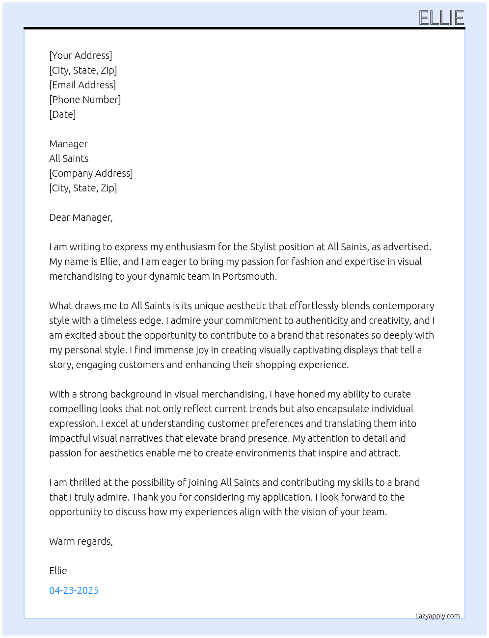 Cover letter for stylist - LazyApply