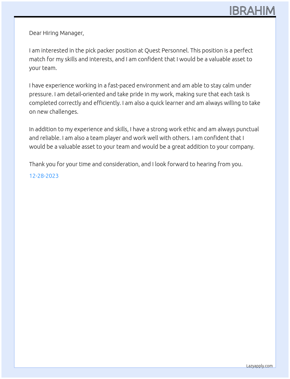 Pick packer At Quest Personnel Cover Letter