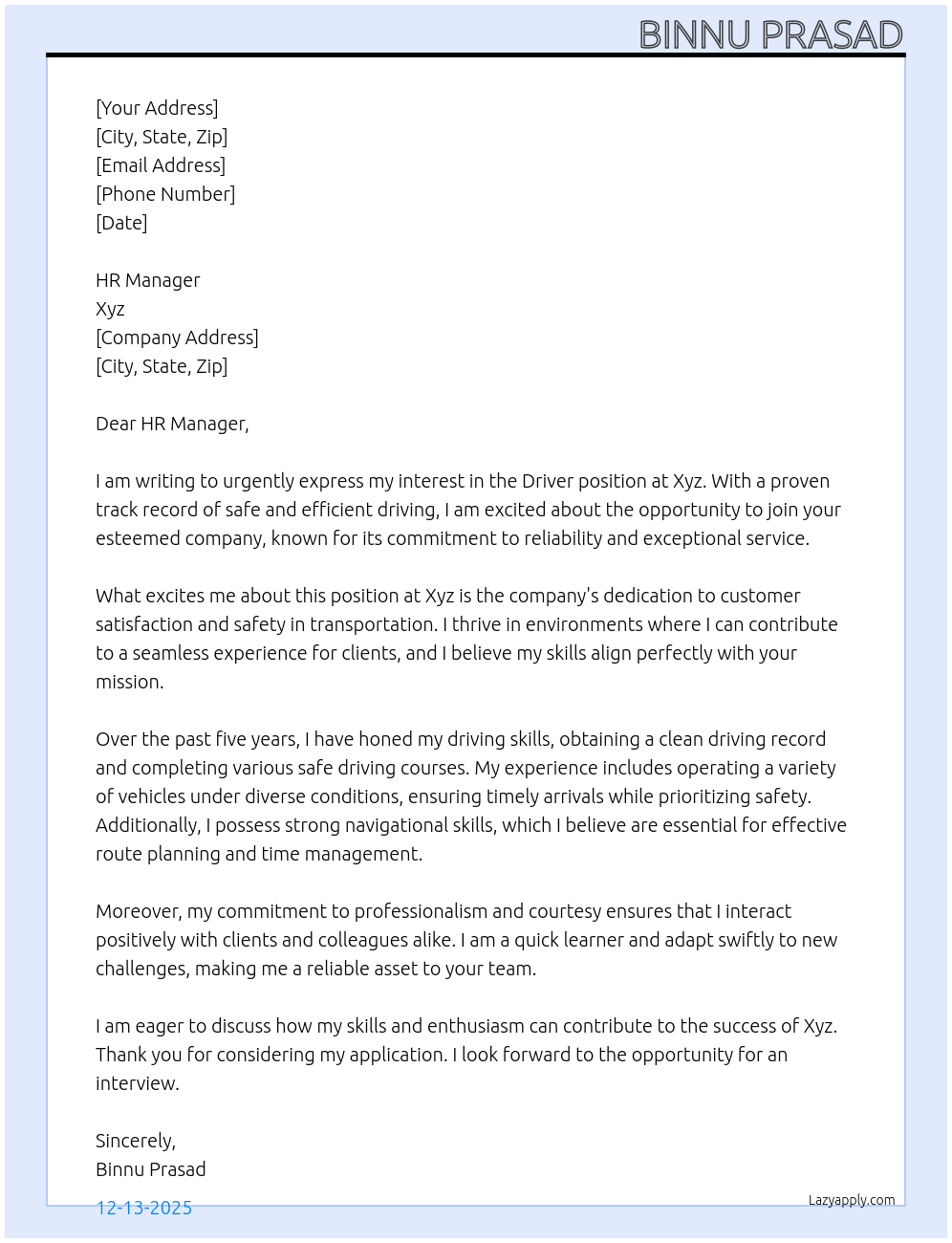 Driver At Xyz Cover Letter