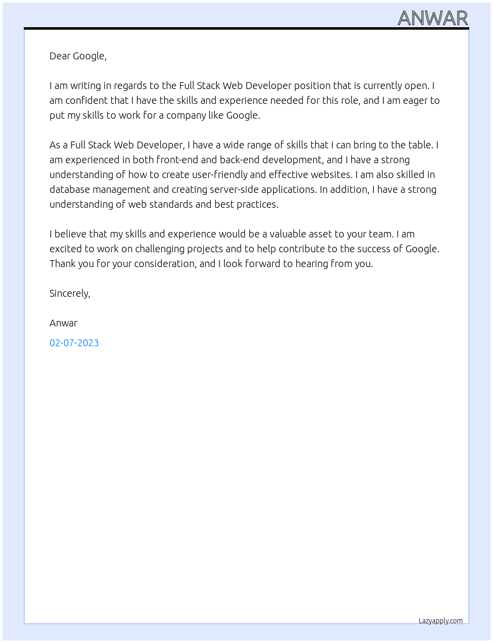 Cover letter for full stack web developer - LazyApply
