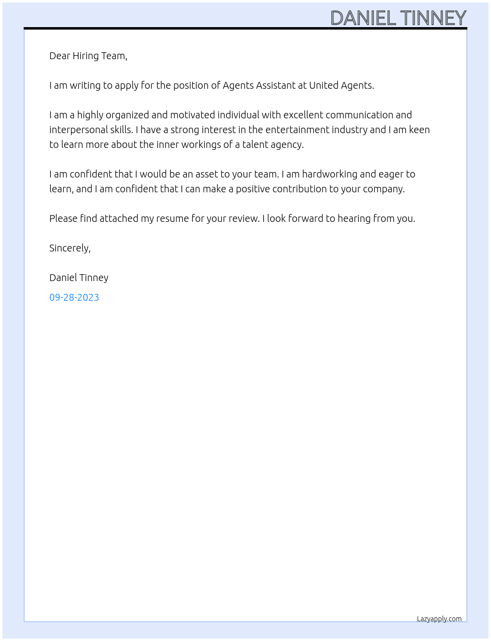 Cover letter for agent's assistant - LazyApply