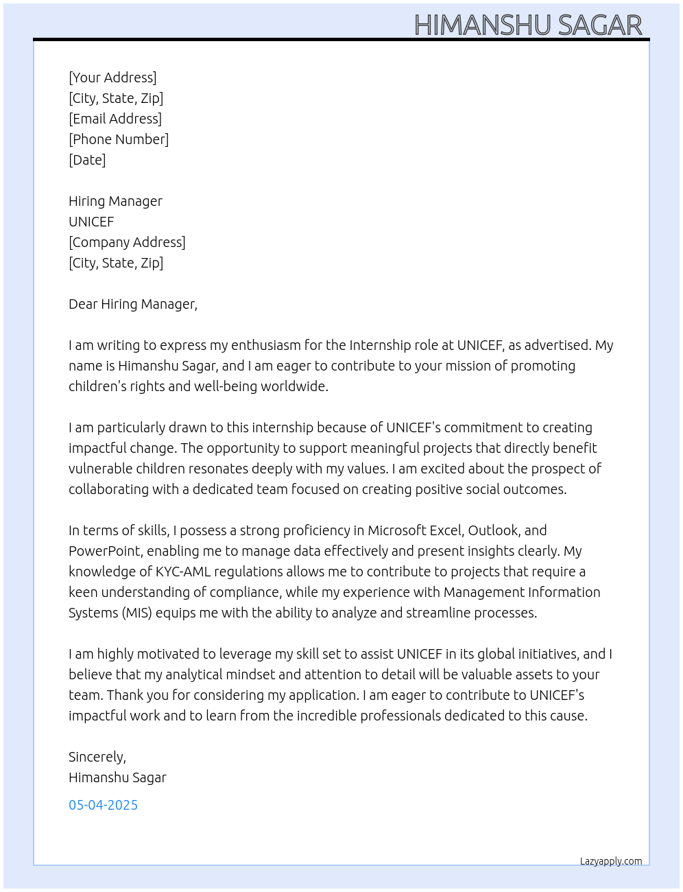 Cover letter for internship at unicef - LazyApply