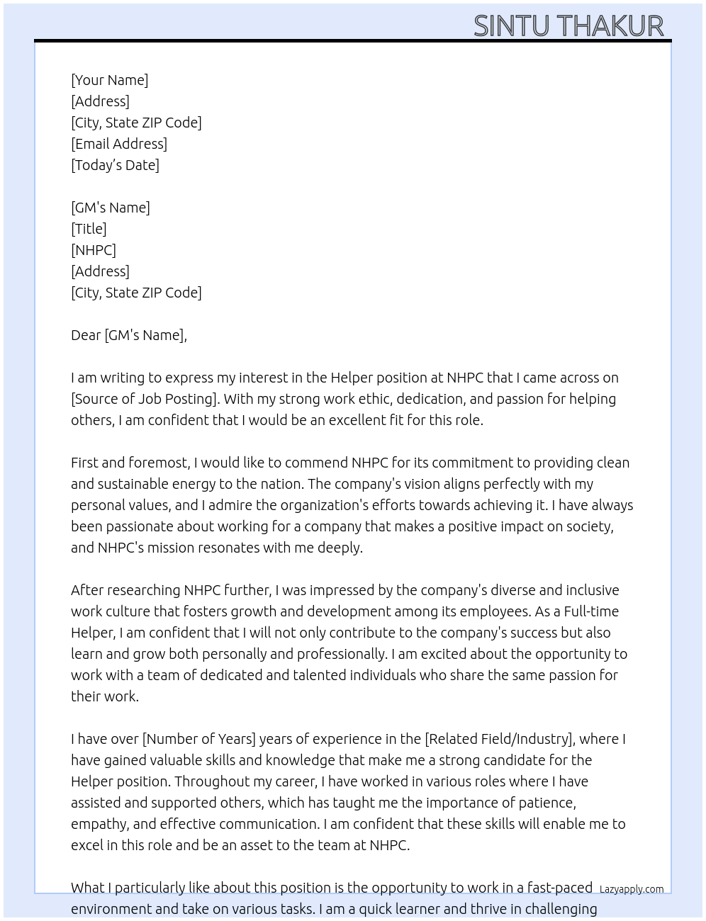 Helper At NHPC  Cover Letter