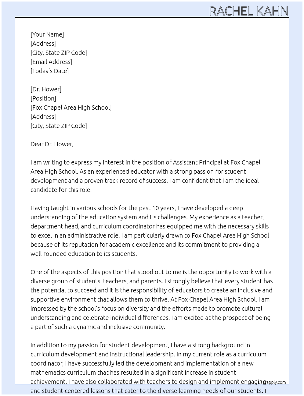assistant principal At Fox Chapel Area High School Cover Letter