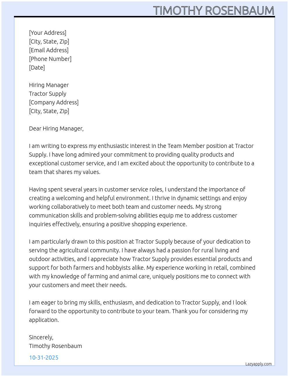 Team Member At Tractor Supply Cover Letter