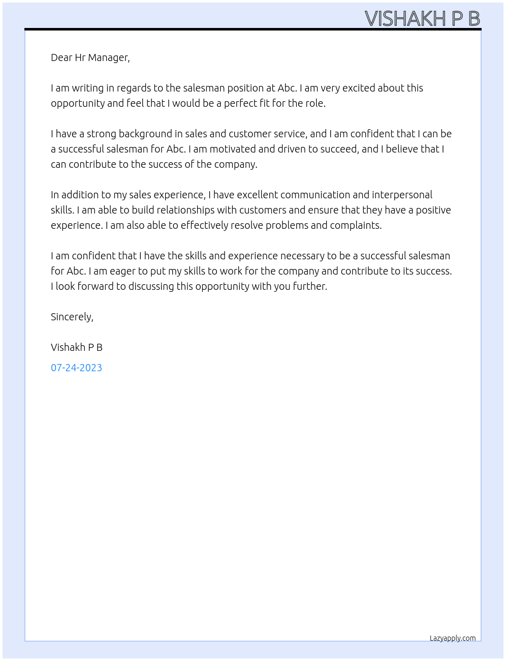 salesman At Abc Cover Letter